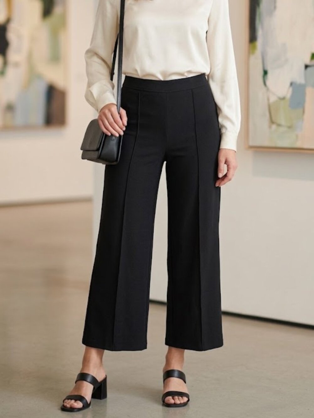 J Jill Wearever Black Seamed Wide Leg Cropped Culottes Pants Size M Stretch